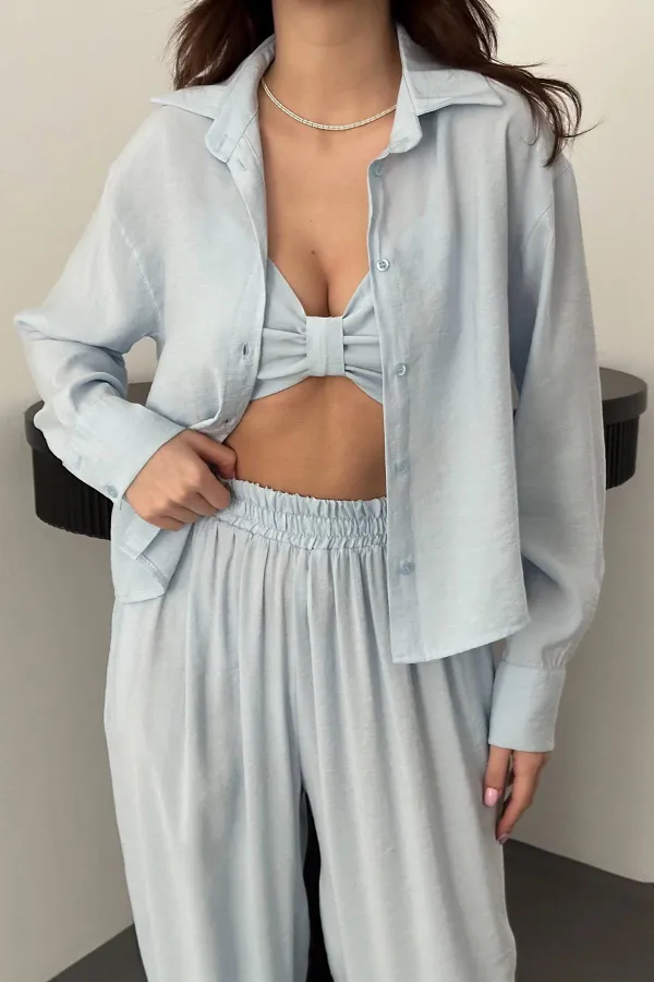 Toptan Bebe Mavi Gipe Detaylı Üçlü Takım