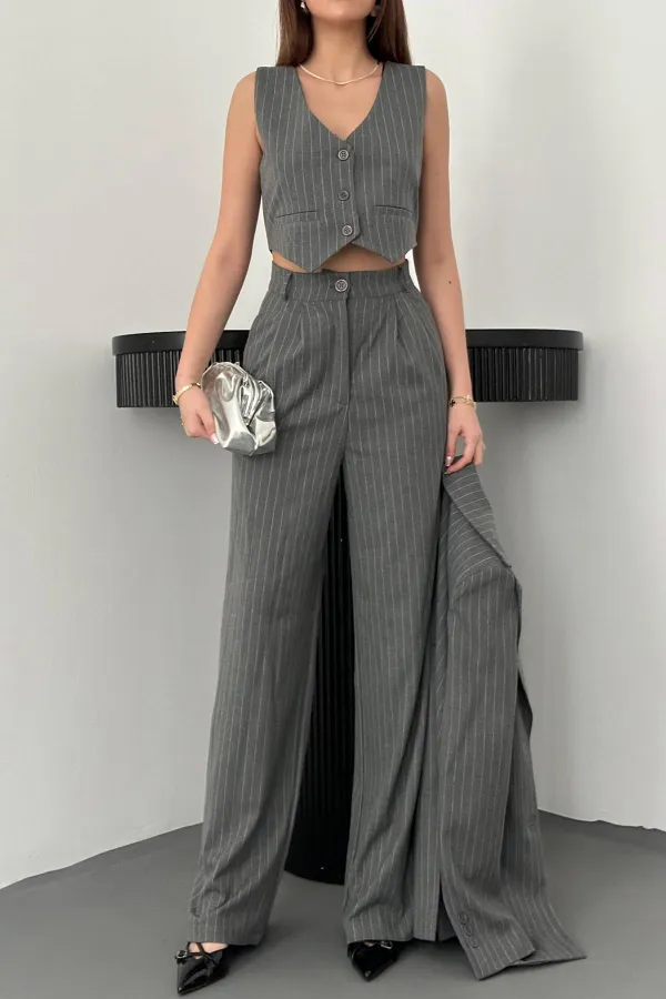Ensemble veste, gilet et pantalon rayés gris en gros