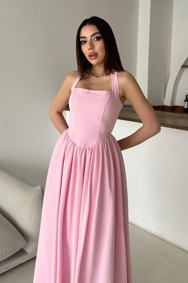 Wholesale Pink Halter Neck Linen Dress