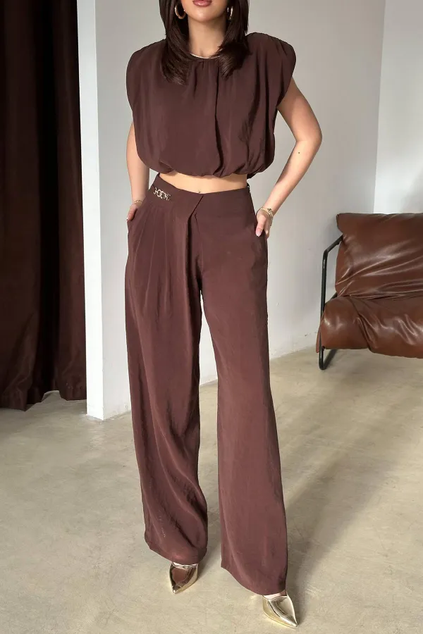 Ensemble chemisier et pantalon marron en modal, vente en gros