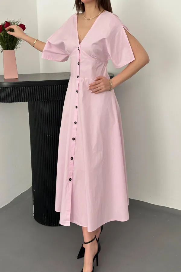 Toptan Pembe Düğmeli Midi Boy Poplin Elbise