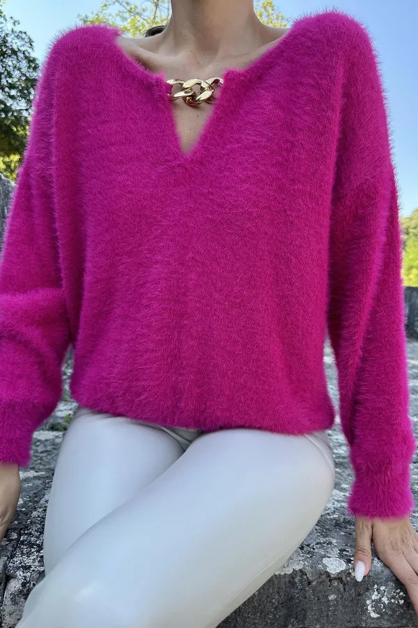 Pull en maille à col chaîne fuchsia en gros