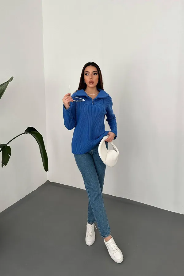 Toptan Mavi Fermuarlı Ve Boğazlı Triko Kazak
