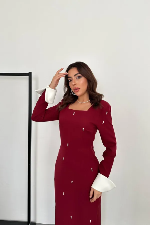 Toptan Bordo İşlemeli Atlas Elbise