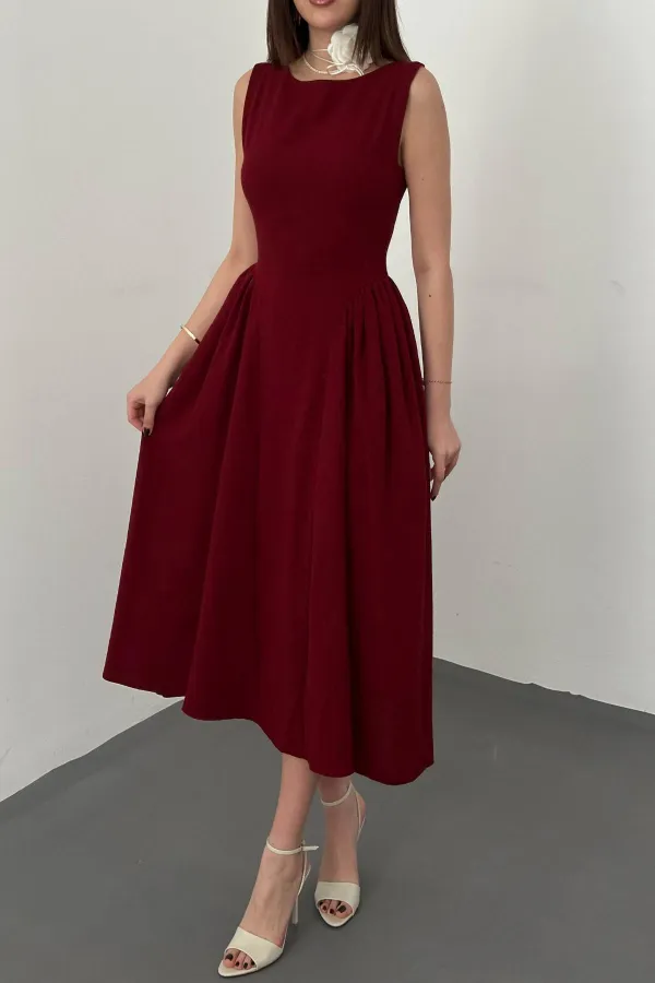 Toptan Bordo Yanları Büzgülü Midi Boy Keten Elbise
