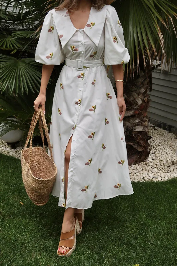 Toptan Kahverengi Yakası Çiçek Motifli Kemerli Elbise