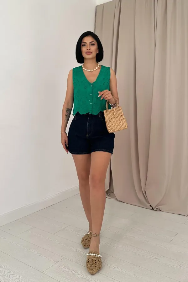 Toptan Yeşil Sıfır Kol Brode Bluz