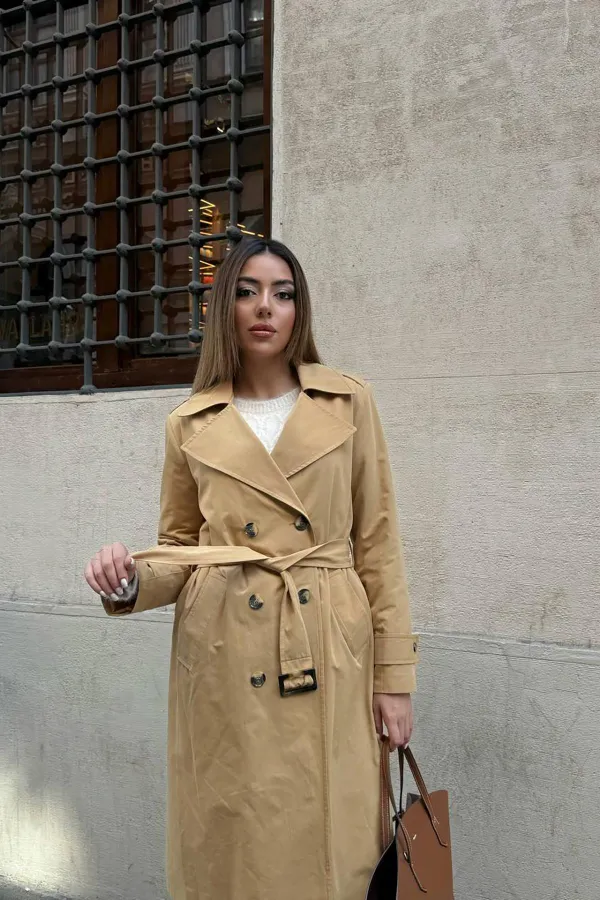 Toptan Camel Uzun Kemerli Trençkot