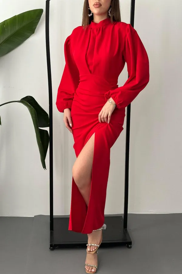 Robe fendue à jupe plissée rouge en gros