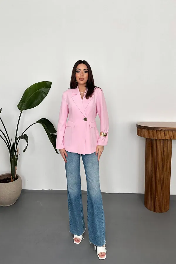Toptan Pembe Belden Oturtmalı Blazer Ceket