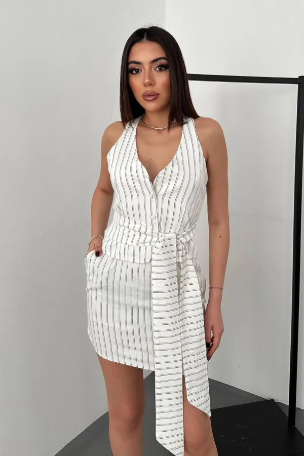 Toptan Beyaz Çizgili Yelek Ve Etek Takım