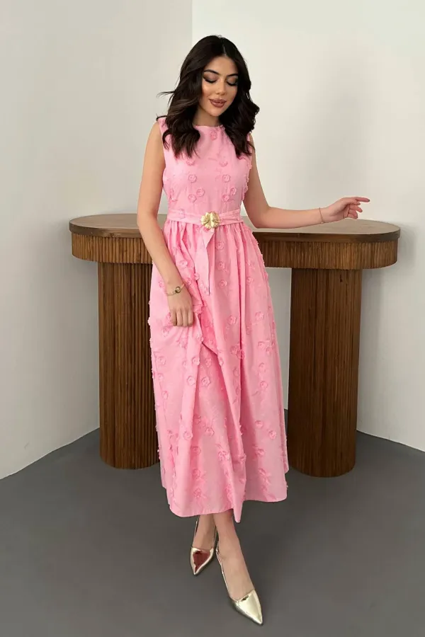 Toptan Pembe 3D Brode Detaylı Elbise
