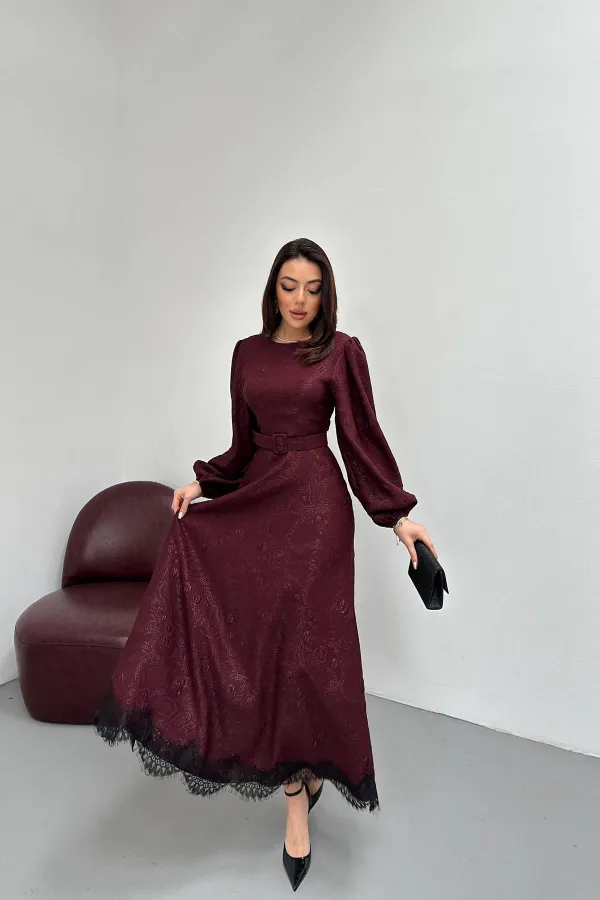 Toptan Mürdüm Kare Kabartmalı Simli Uzun Elbise