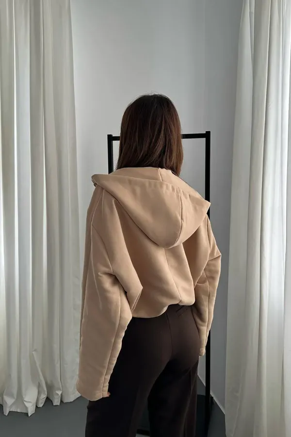 Toptan Bej Kısa Kapüşonlu Ceket