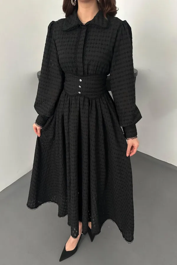 Toptan Siyah Brode Kemerli Fisto Elbise