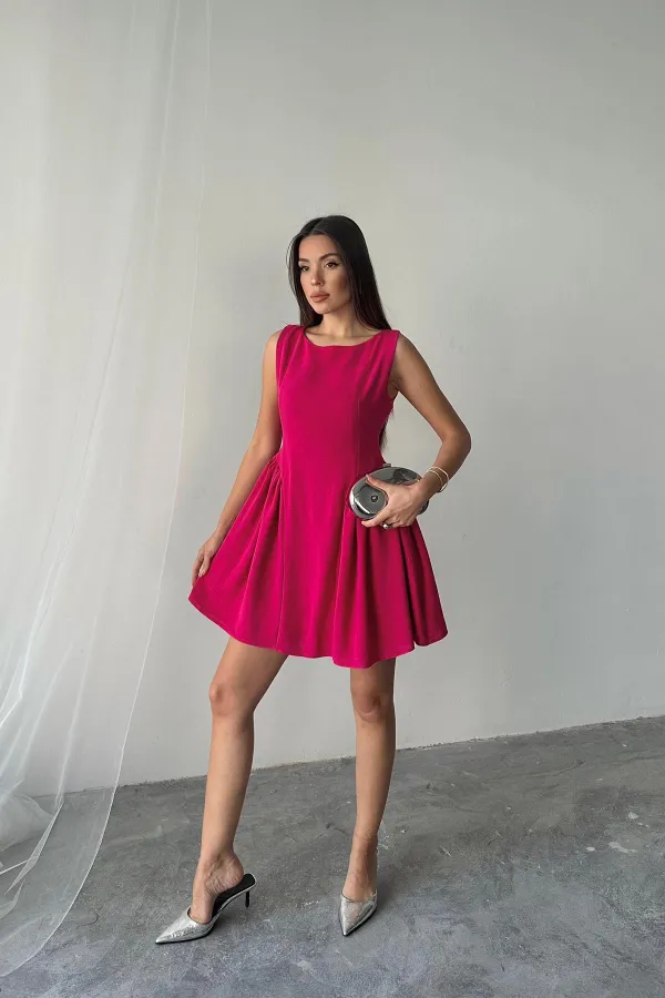 Robe mini-longue en lin froncé fuchsia en gros