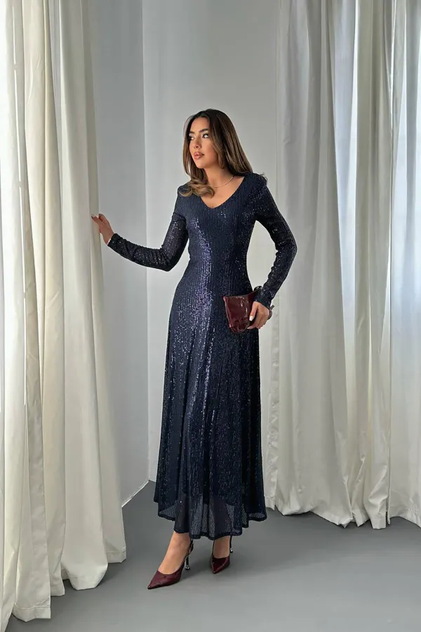 Toptan Lacivert Sırt Dekolteli Pulpayet Elbise