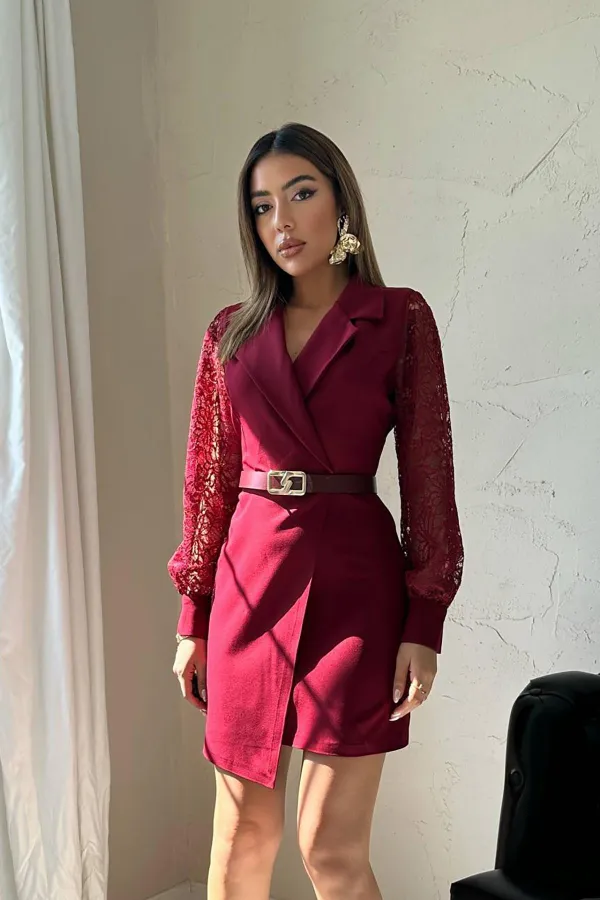 Wholesale Burgundy Laced Sleeve Atlas Dress
