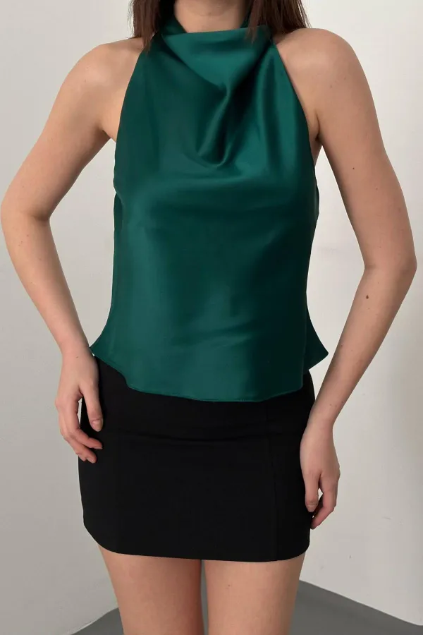 Toptan Zümrüt Degaje Saten Bluz