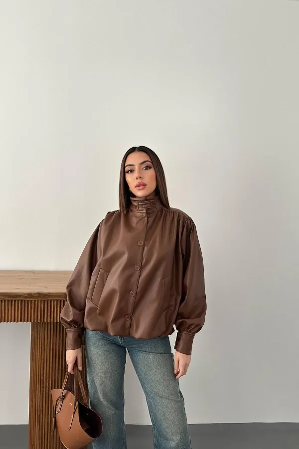 Toptan Kahverengi Düğmeli Deri Ceket