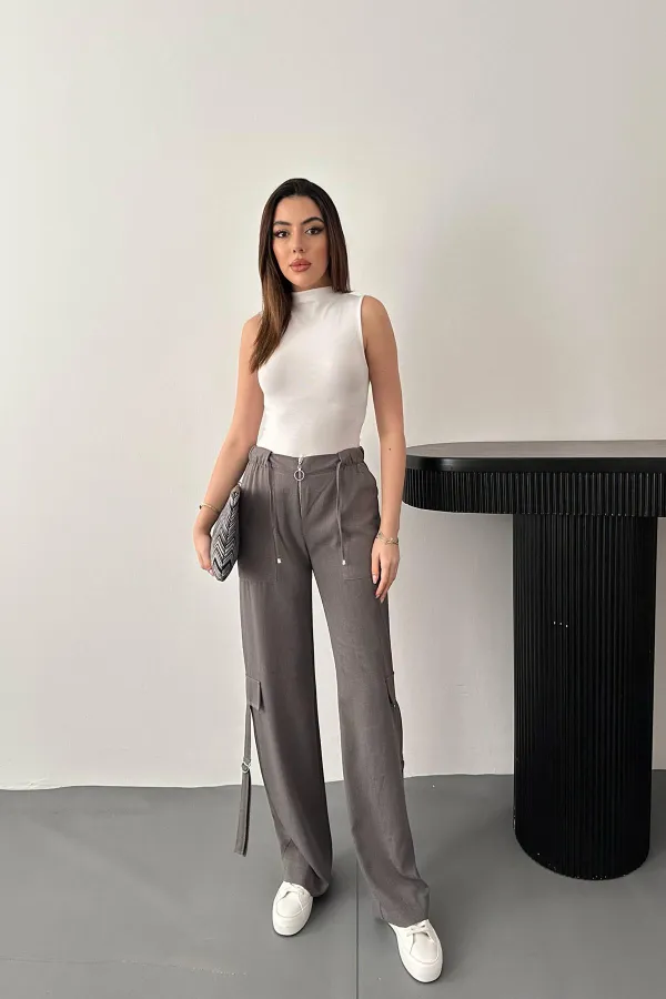 Toptan Gri Önden Fermuarlı Pantolon