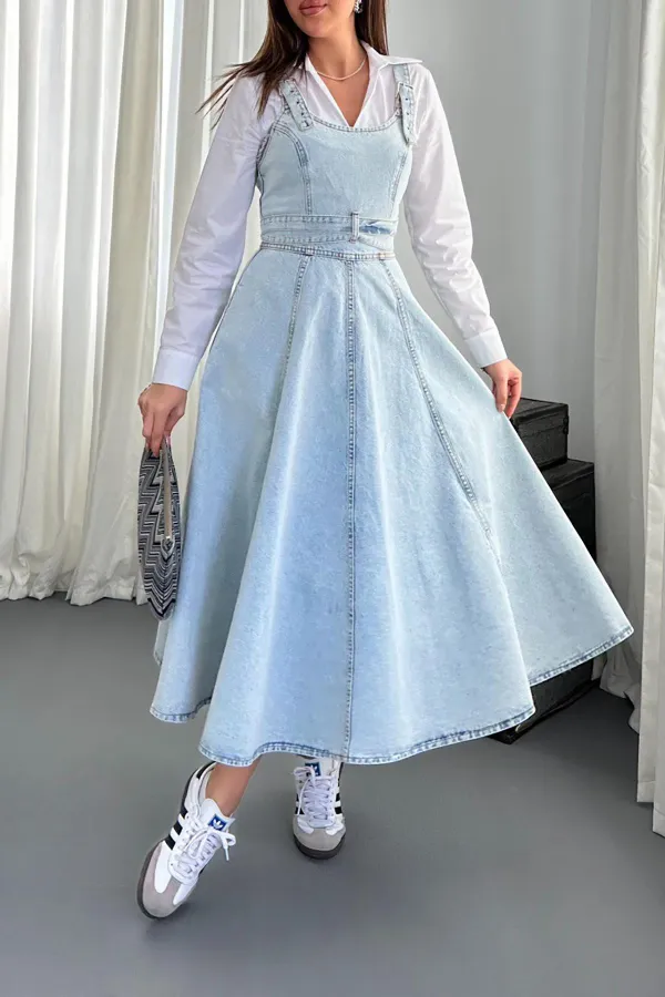 Toptan Kar Yıkama Midi Boy Bantlı Kot Elbise