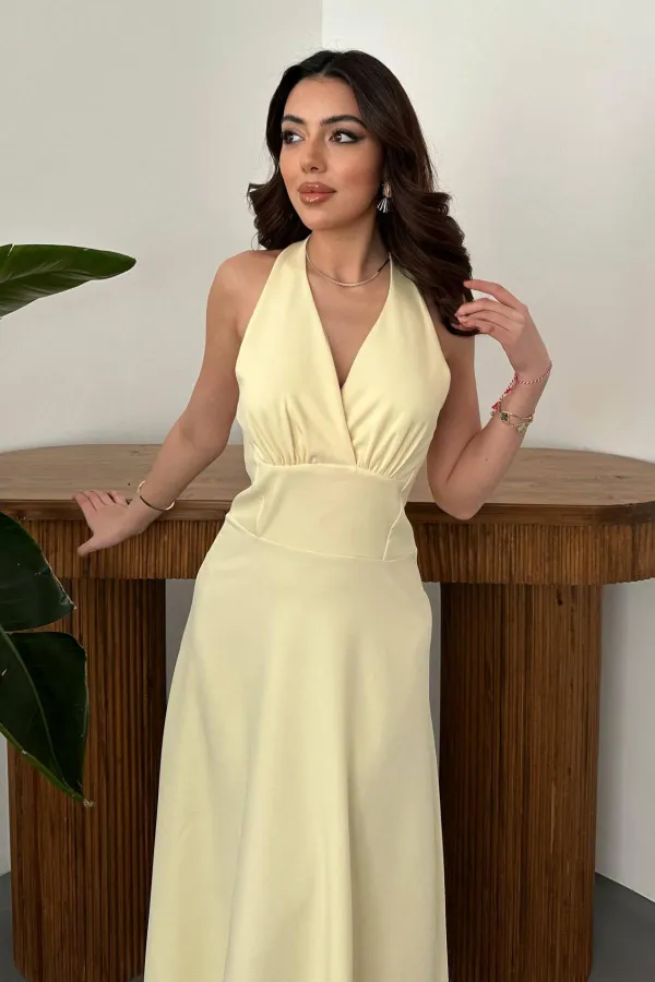 Toptan Sarı Atlas Göğüs Kuplu Elbise