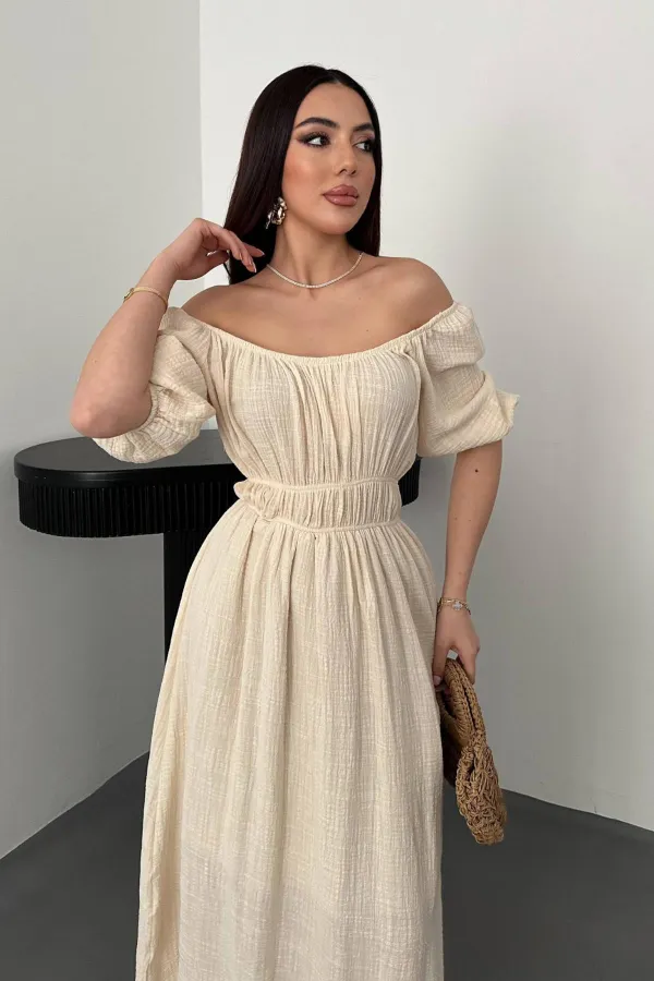 Toptan Bej Yakası Büzgülü Müslin Keten Elbise