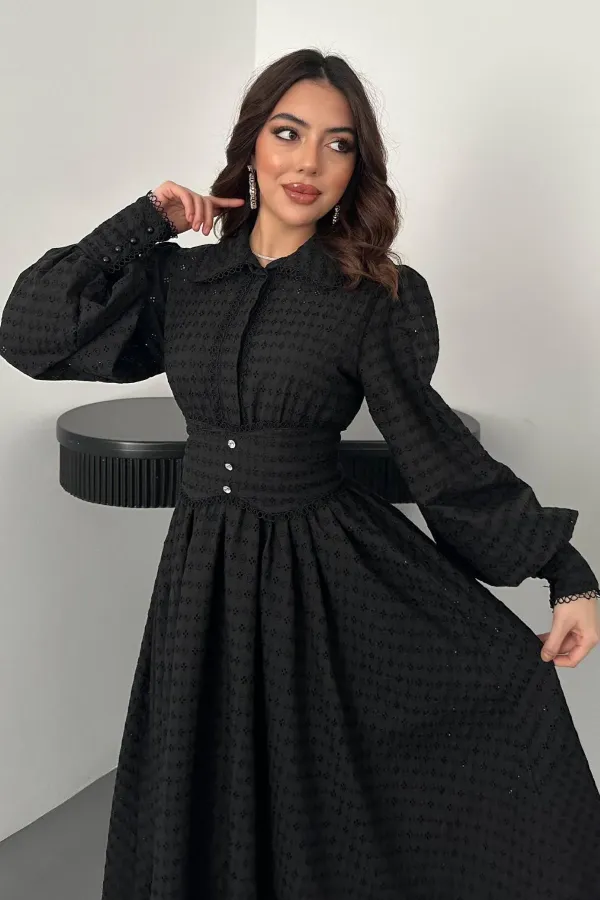 Toptan Siyah Brode Kemerli Fisto Elbise
