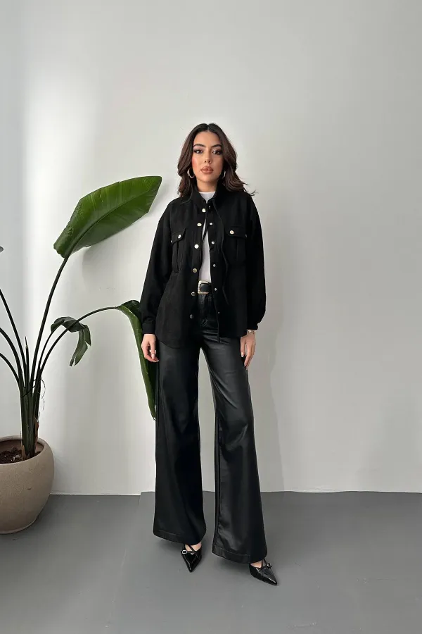 Toptan Siyah Çıtçıtlı Süet Gömlek