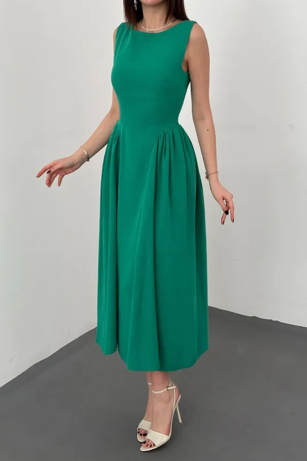 Toptan Yeşil Yanları Büzgülü Midi Boy Keten Elbise