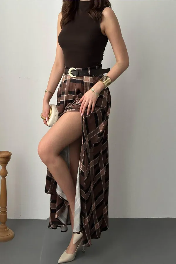 Toptan Koyu Kahve Ekoseli Etek