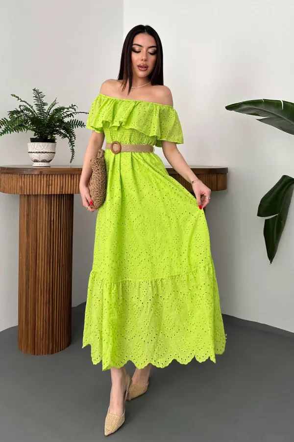 Wholesale Oil Green Elastic Shoulder Embroidered Dress