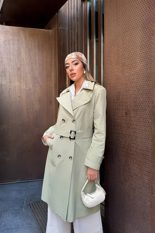 Toptan Haki Uzun Kemerli Trençkot