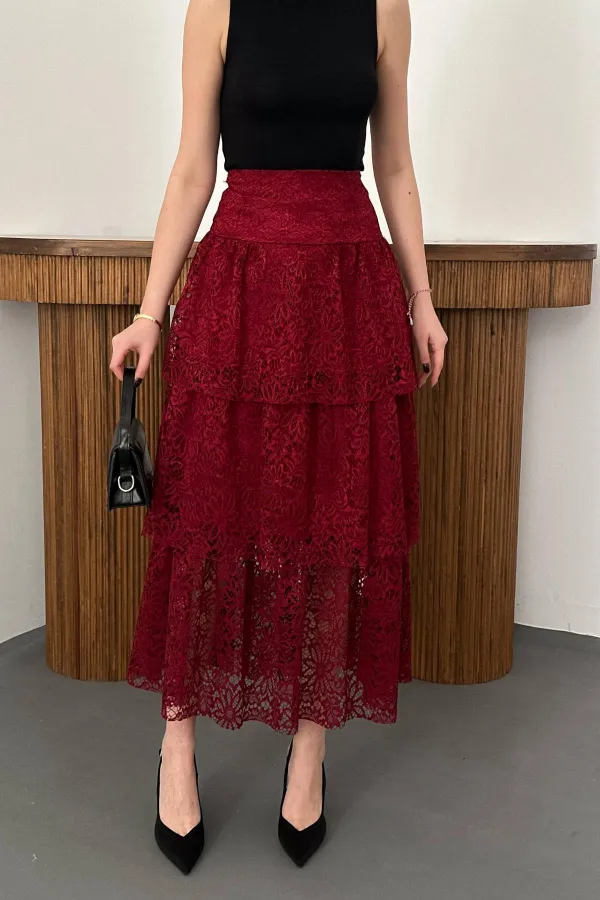 Jupe superposée en dentelle bordeaux en gros