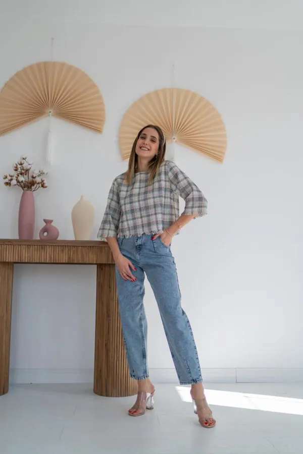 Toptan Desenli Püskül Detaylı Bluz