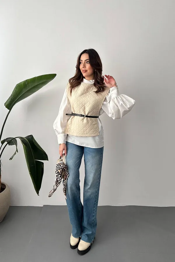 Toptan Bej Kemerli Gömlek Ve Panço Takım