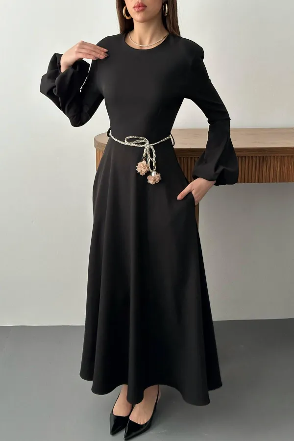 Toptan Siyah Balon Kollu Kuşaklı Elbise