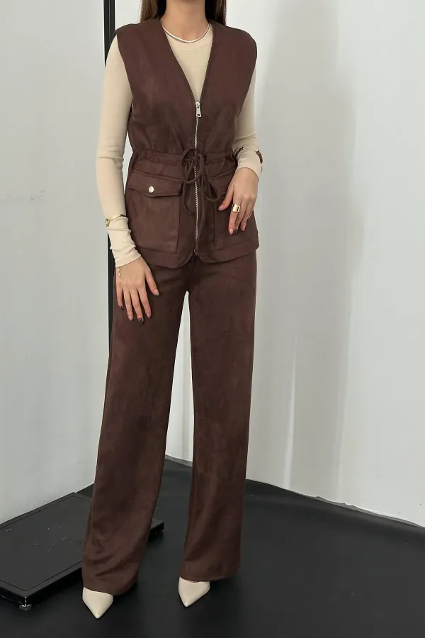 Toptan Kahverengi Süet Yelek Pantolon Takım