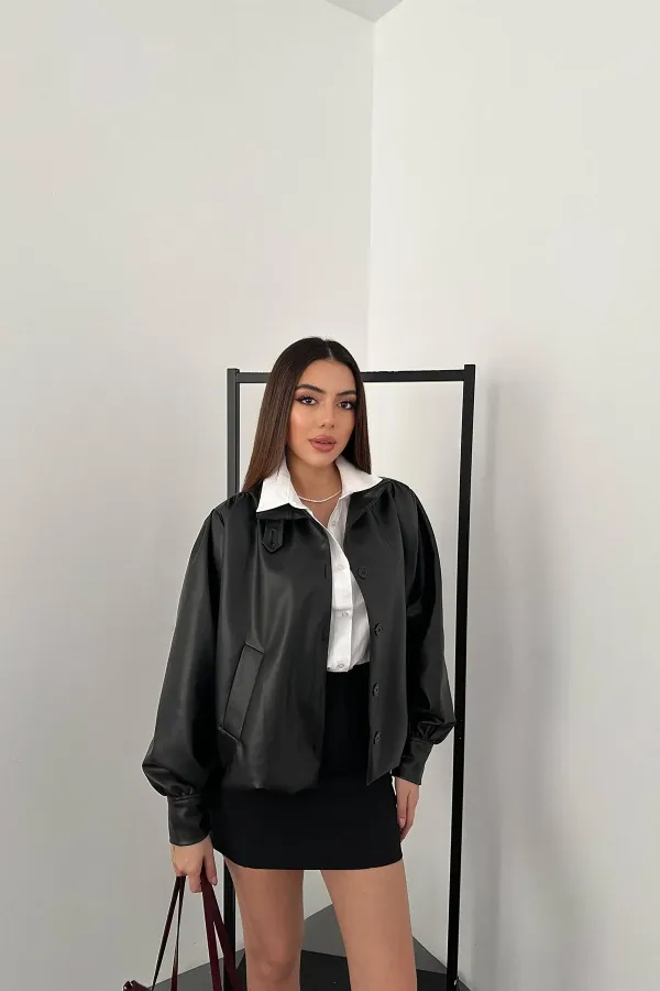 Toptan Siyah Düğmeli Deri Ceket