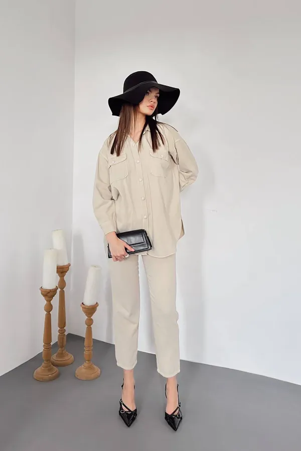 Ensemble chemise et pantalon beige délavé en gros