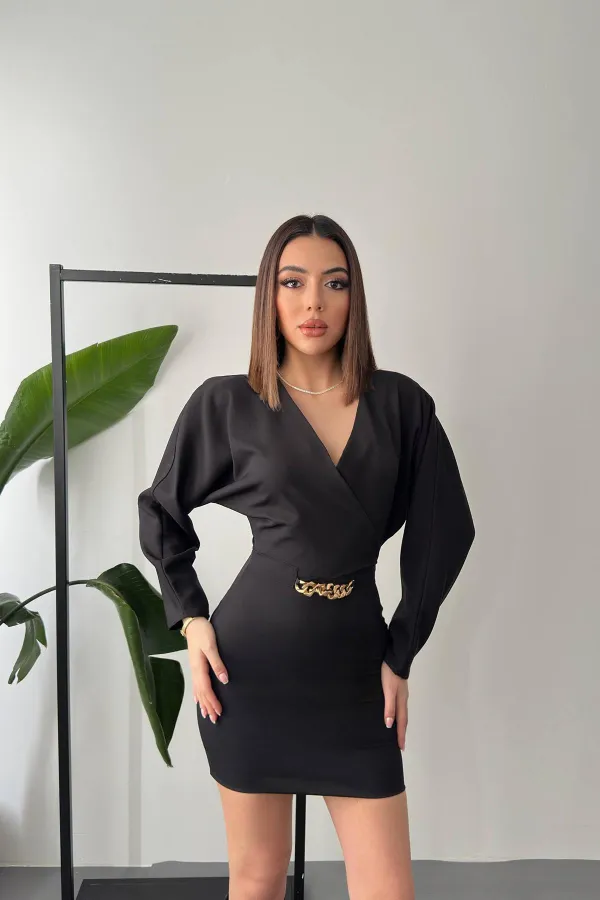 Toptan Siyah Zincir Detaylı Elbise