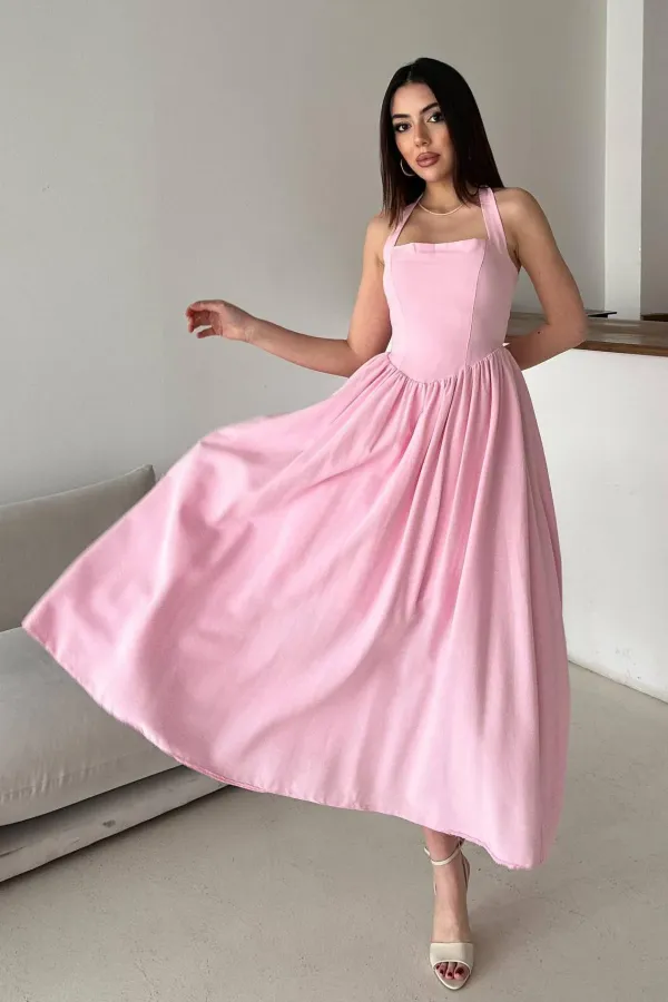 Wholesale Pink Halter Neck Linen Dress