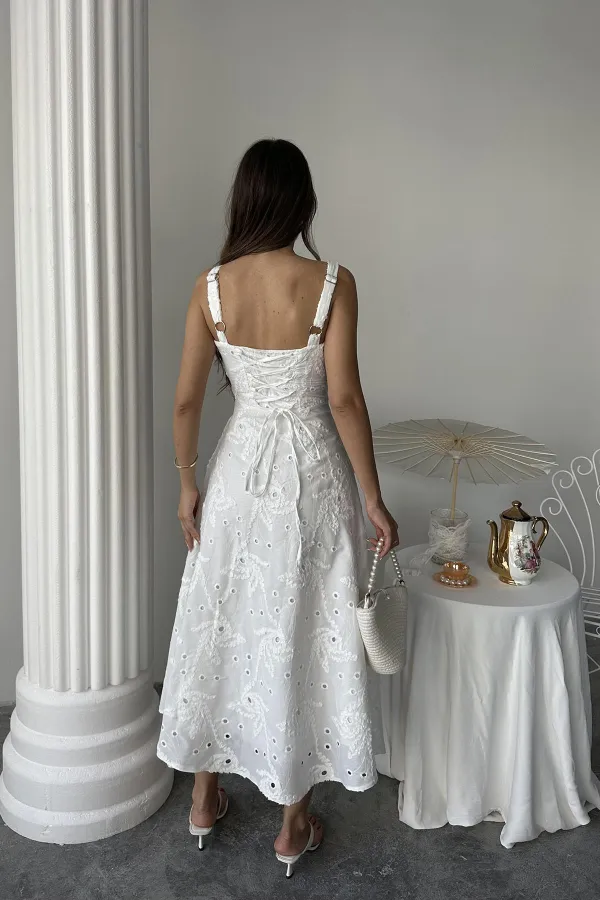 Toptan Beyaz Arkası Korse Detaylı Uzun Elbise