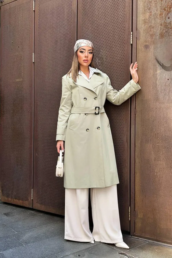 Toptan Haki Uzun Kemerli Trençkot