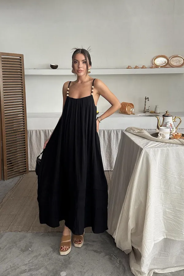 Toptan Siyah Askılı Müslin Elbise