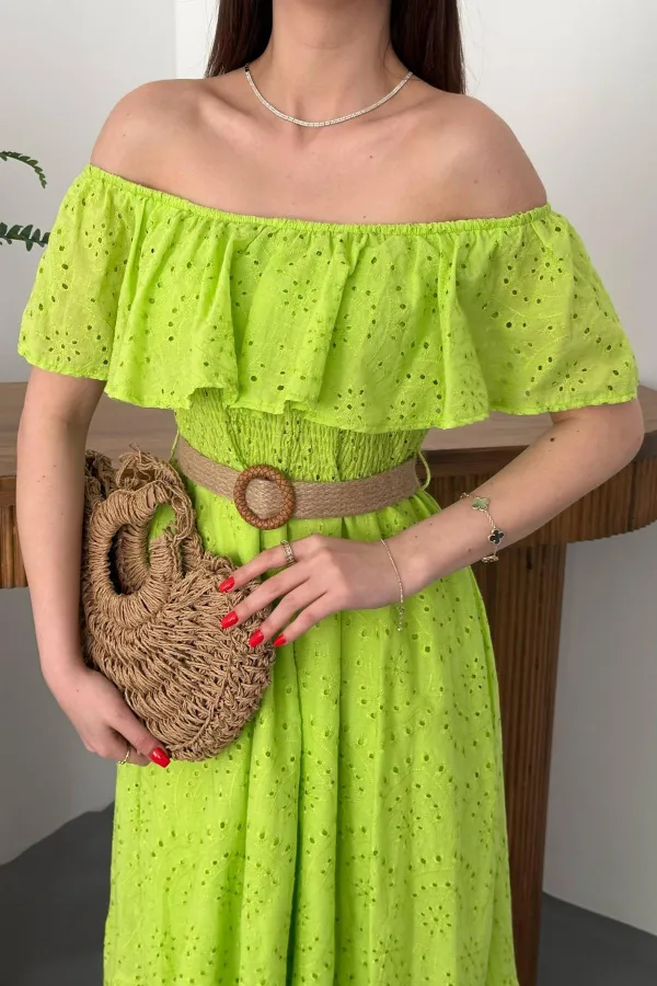 Wholesale Oil Green Elastic Shoulder Embroidered Dress