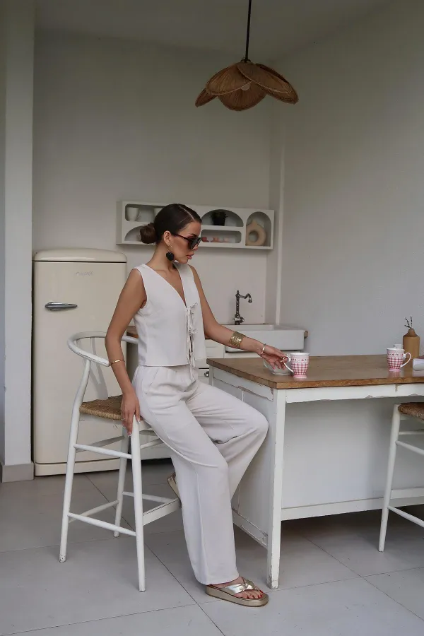 Costume en lin beige avec nœud sur le devant, vente en gros