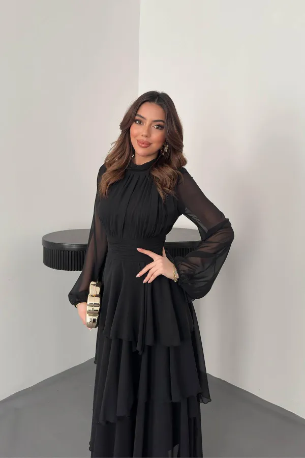 Toptan Siyah Bel Detaylı Elbise