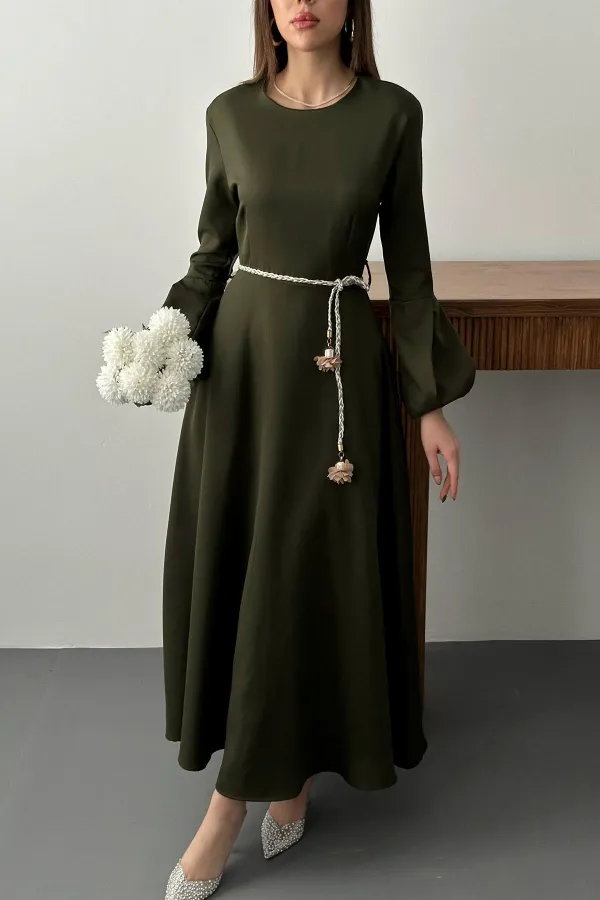 Toptan Haki Balon Kollu Kuşaklı Elbise